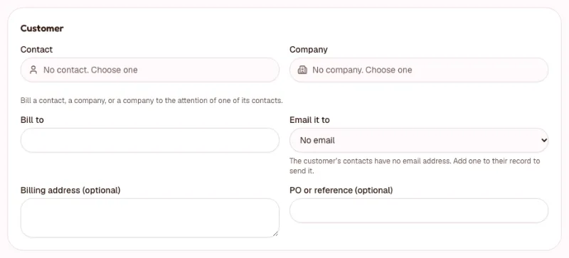 The Customer part of the New invoice form: the Contact and Company boxes, Bill to, Email it to, the billing address and the PO or reference