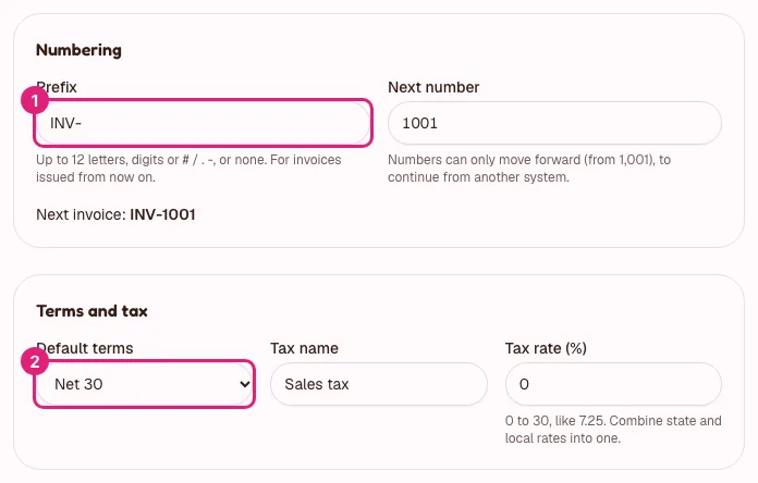 The Numbering section of Settings → Invoicing, with the Prefix box marked 1, and the Terms and tax section, with Default terms marked 2