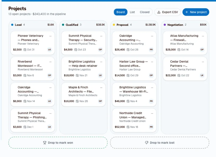 The Projects board of the consulting sample, with a column for each stage and project cards showing the company and value