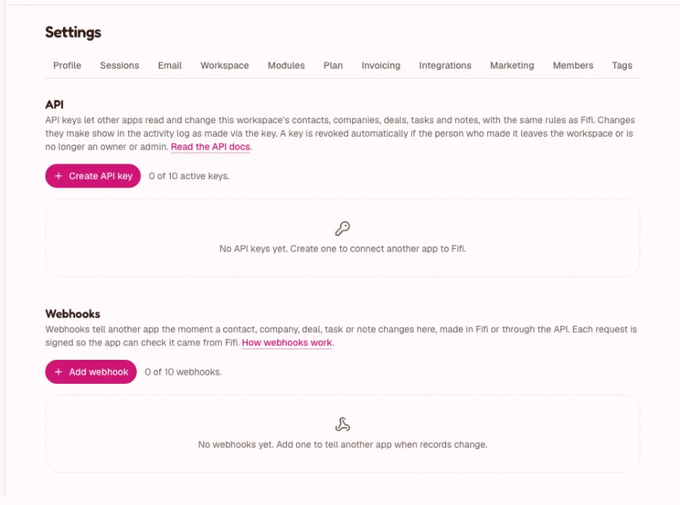 Settings, API: the Create API key button with an empty key list, and the Webhooks section with Add webhook