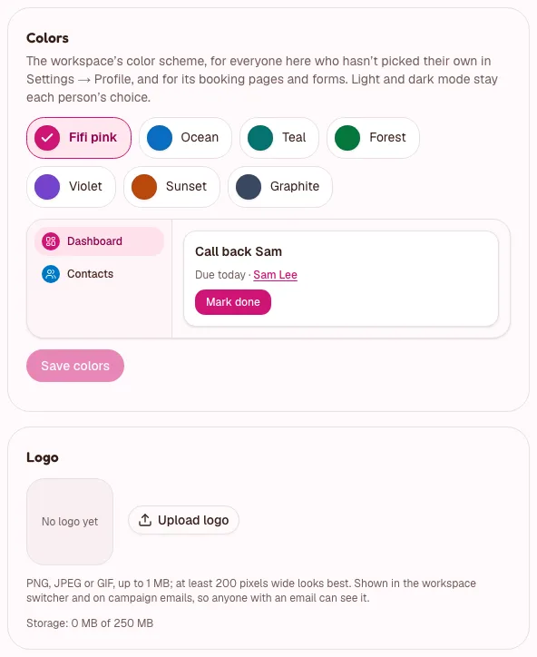 Settings, Workspace: the Colors section with the color schemes, and the logo section with Upload logo