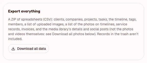 Settings, Workspace: the Export everything section with its Download all data button