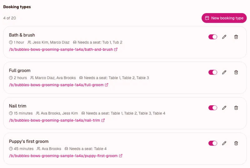 Settings, Booking: the Booking types list of the dog grooming sample, with Full groom, Bath and brush, Nail trim and Puppy's first groom