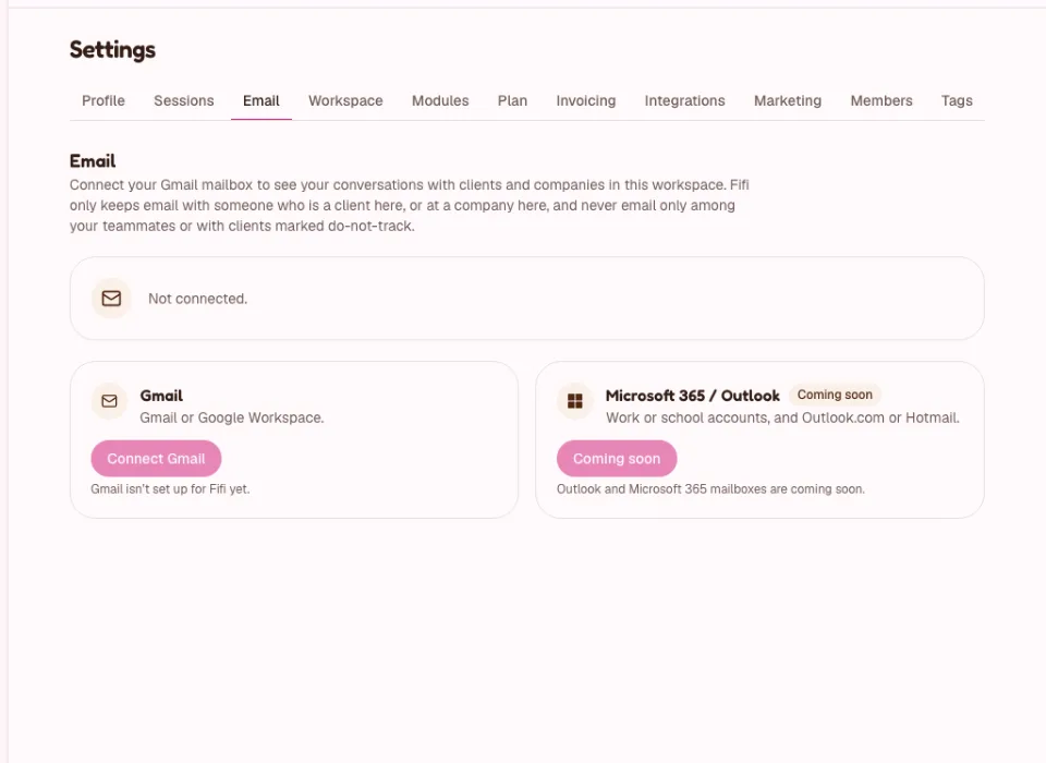 Settings, Email: the connection status and the Gmail and Microsoft 365 or Outlook cards with their Connect buttons