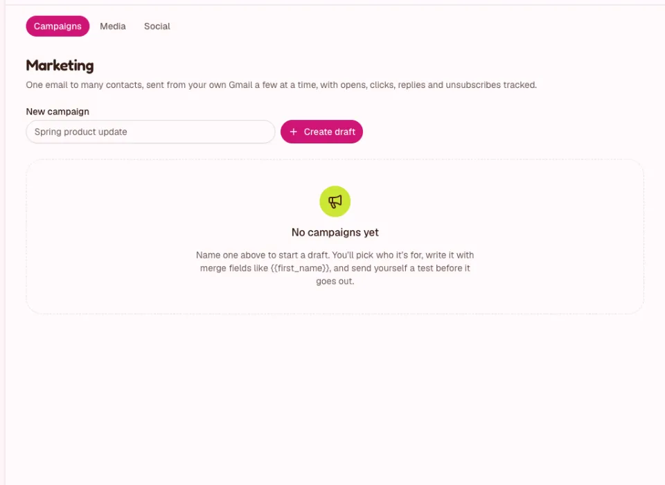 Marketing: the New campaign box with Create draft, and the empty list that says No campaigns yet