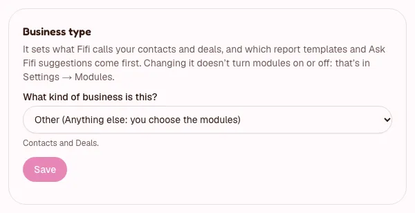 Settings, Workspace page with the Business type section: a drop-down under What kind of business is this? and a Save button