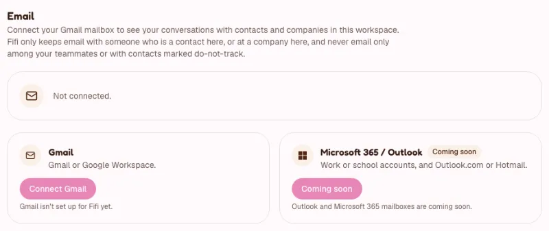 Settings, Email page: Not connected, a Gmail card with a Connect Gmail button and a Microsoft 365 or Outlook card marked Coming soon
