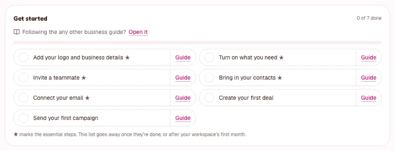 The Get started card on the dashboard of a new workspace, with a progress bar and a list of first steps to click
