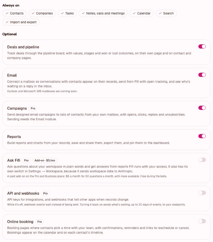 Settings, Modules page: the Always on list, then Optional modules with their switches, such as Deals and pipeline, Email, Campaigns and Reports