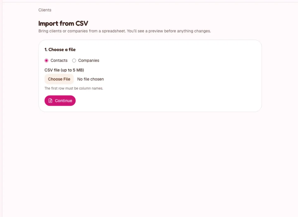 Import from CSV: step 1, Choose a file, with the Contacts and Companies options, the file box and the Continue button