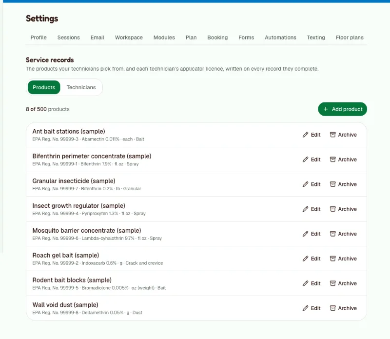 Settings, Service records in the pest control sample: the Products tab with each product's name and EPA Reg. No.
