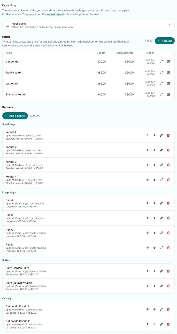 Settings, Boarding in the boarding sample: the Rates list and the kennels with their sizes, capacity and rates