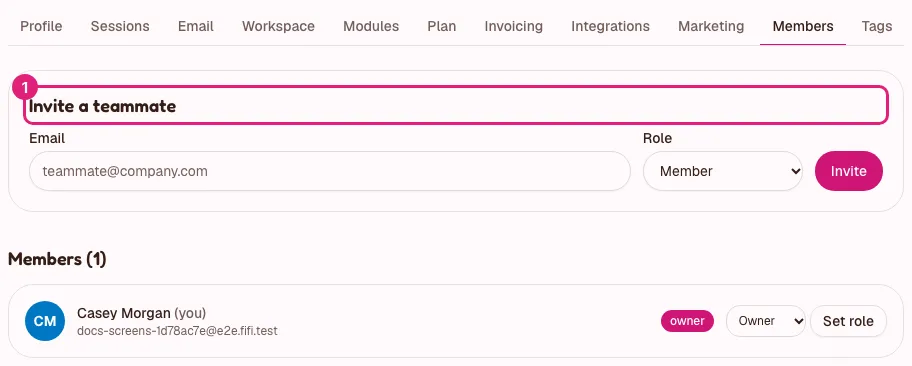 Settings, Members: the Invite a teammate form with Email, Role and Invite, and the list of members with a role badge and Set role