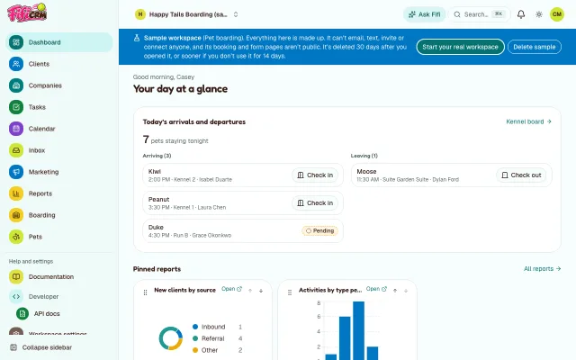 The Happy Tails dashboard: how many pets are staying tonight, today’s arrivals and departures with Check in and Check out buttons, and pinned report charts.