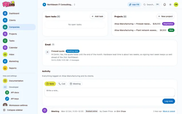 A client company’s page: its people, its two projects with their values and stages, an email thread awaiting a reply, and the start of its activity timeline.