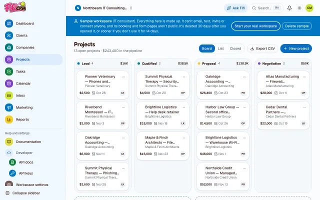Fifi’s pipeline board for Northbeam IT Consulting: 13 open projects as cards in Lead, Qualified, Proposal and Negotiation, each with its client, value, expected close date and owner.