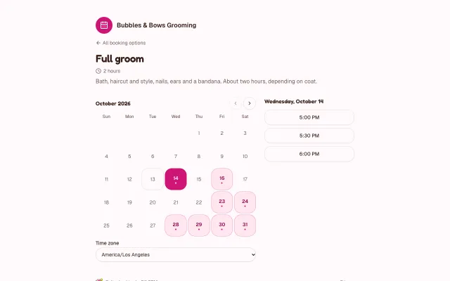 Bubbles & Bows Grooming’s public booking page for a full groom: two hours, a month’s calendar with the open days marked, and the open times on the day picked.