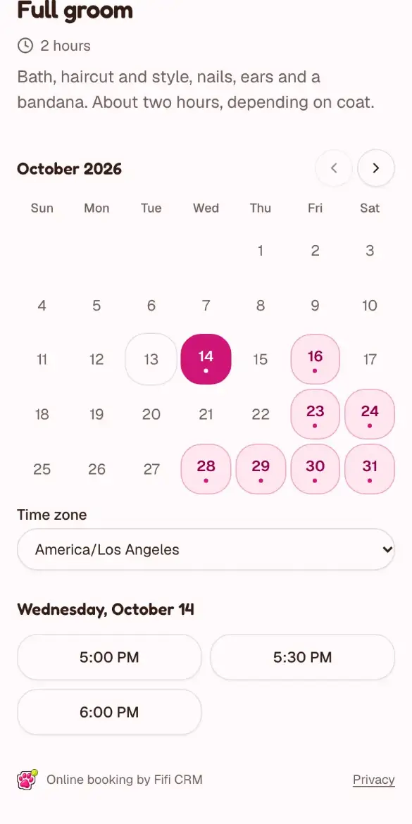The salon’s online booking page on a phone: a full groom, the month with its open days, and the open times on the day picked.