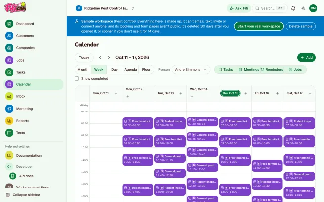 Fifi’s calendar in week view for Ridgeline Pest Control: technician Andre Simmons’s termite inspections, rodent inspections and pest services from Monday to Saturday, booked online.
