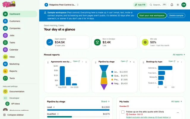 The Ridgeline Pest Control dashboard: today’s tasks and visits, and pinned charts of agreements won by month, the pipeline by stage and visits by type.