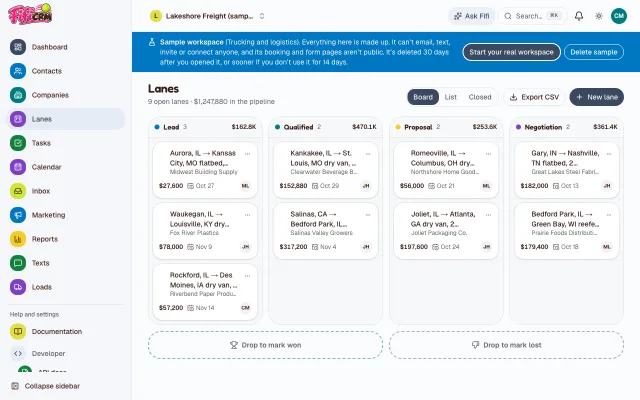 Fifi’s pipeline board for Lakeshore Freight, called Lanes as in the sidebar: nine open lanes such as Joliet, IL to Atlanta, GA dry van as cards in Lead, Qualified, Proposal and Negotiation, each with its shipper, yearly revenue, expected close date and owner.